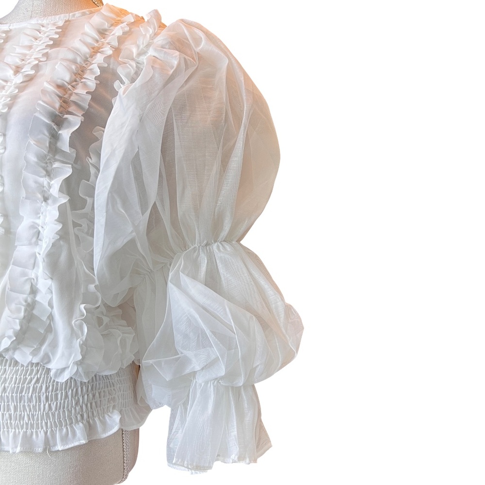 Smocked White Ruffle Puff-Sleeve Blouse - Picture 5 of 12
